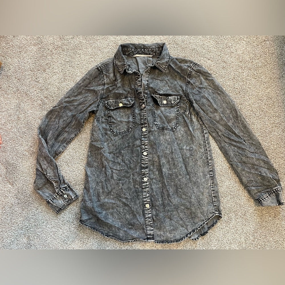Womens Distressed Gray Button-Up Shirt- Size XS